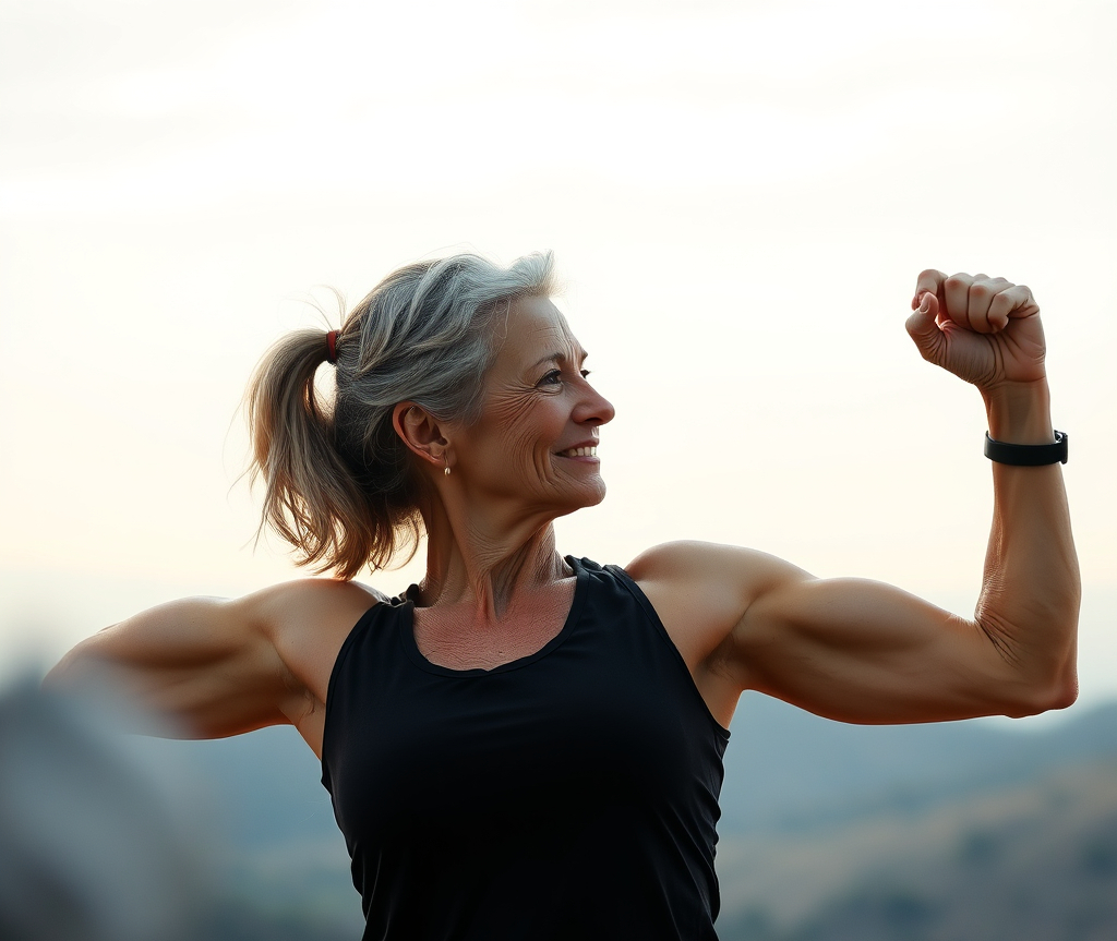An older woman flexing, showing the strength built through SuperSlow training at E Studio.